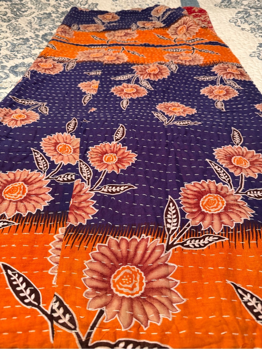 Floral Kantha-Style Throw Blanket in Orange and Purple